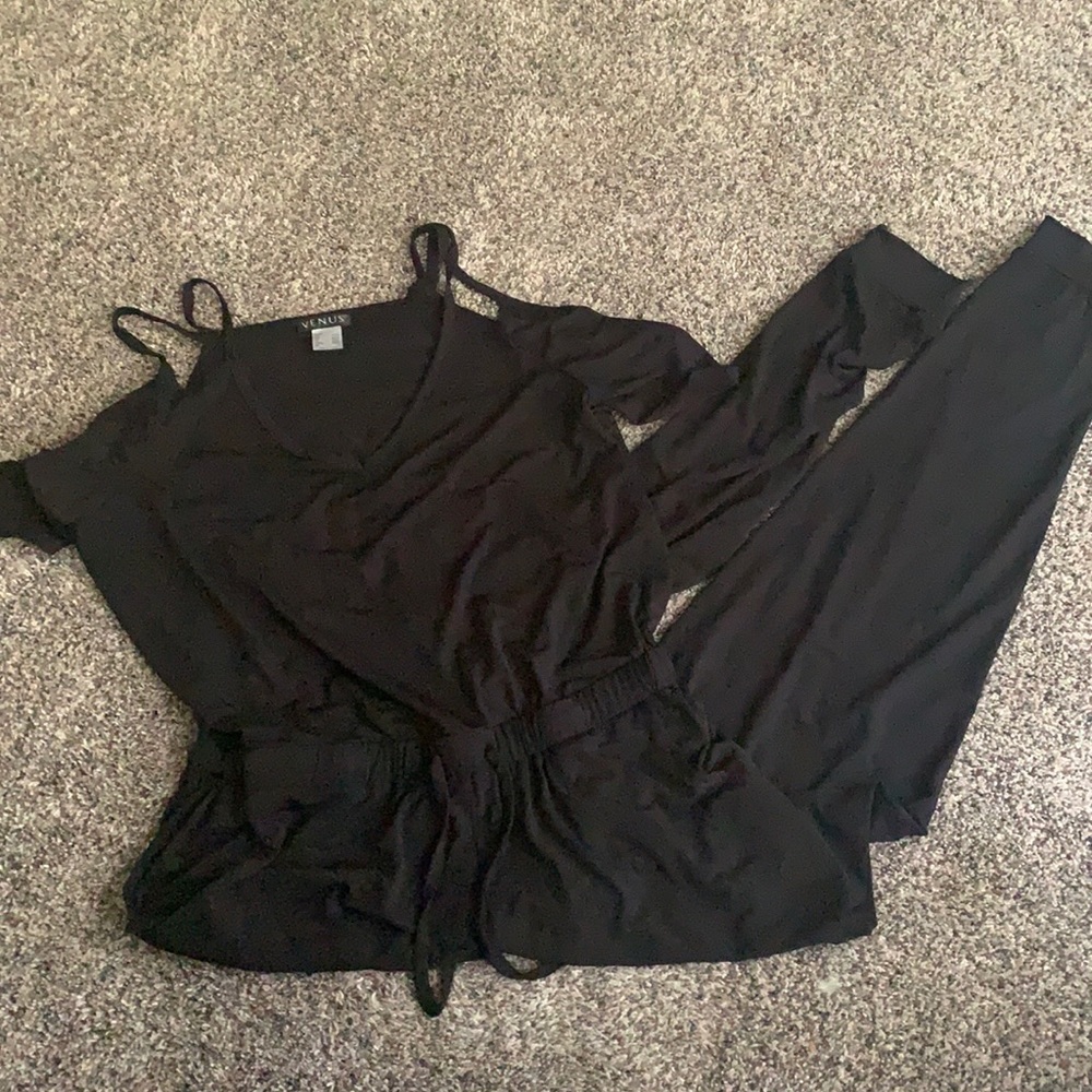 Black jumpsuit, open shoulders